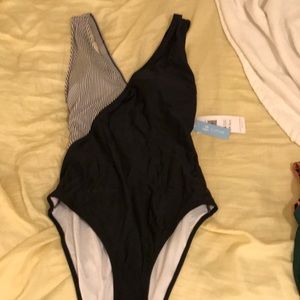 Black and white striped one piece